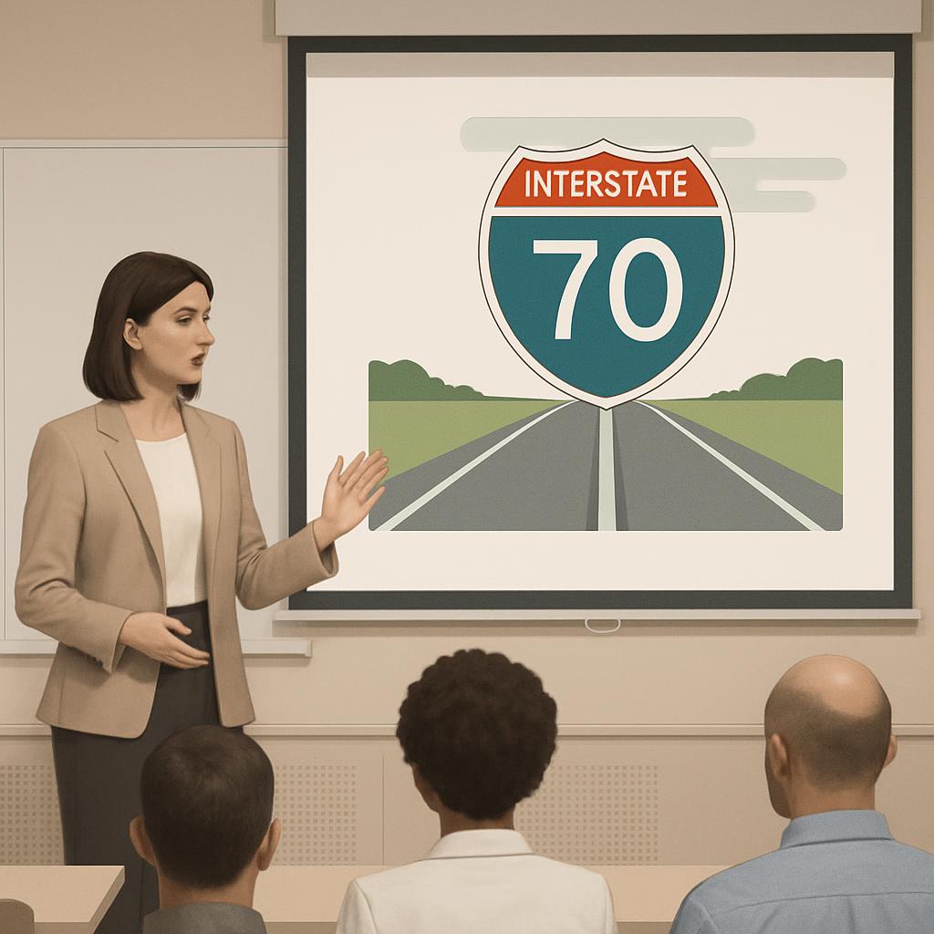 Picture of a presentation containing an illustration of the Interstate 70 shield sign, with a highway looking out towards ...