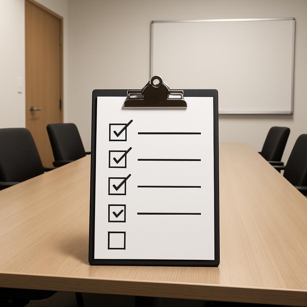 A whiteboard and a clipboard with a blank checklist. A flipchart and two chairs.