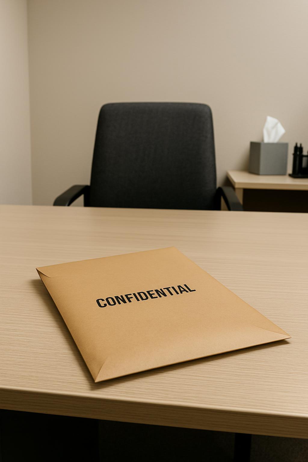 Das Bild zeigt eine leere Bürolandschaft mit einem ocker-farbigen Dokument mit der Aufschrift "CONFIDENTIAL" darauf. Im Vo...